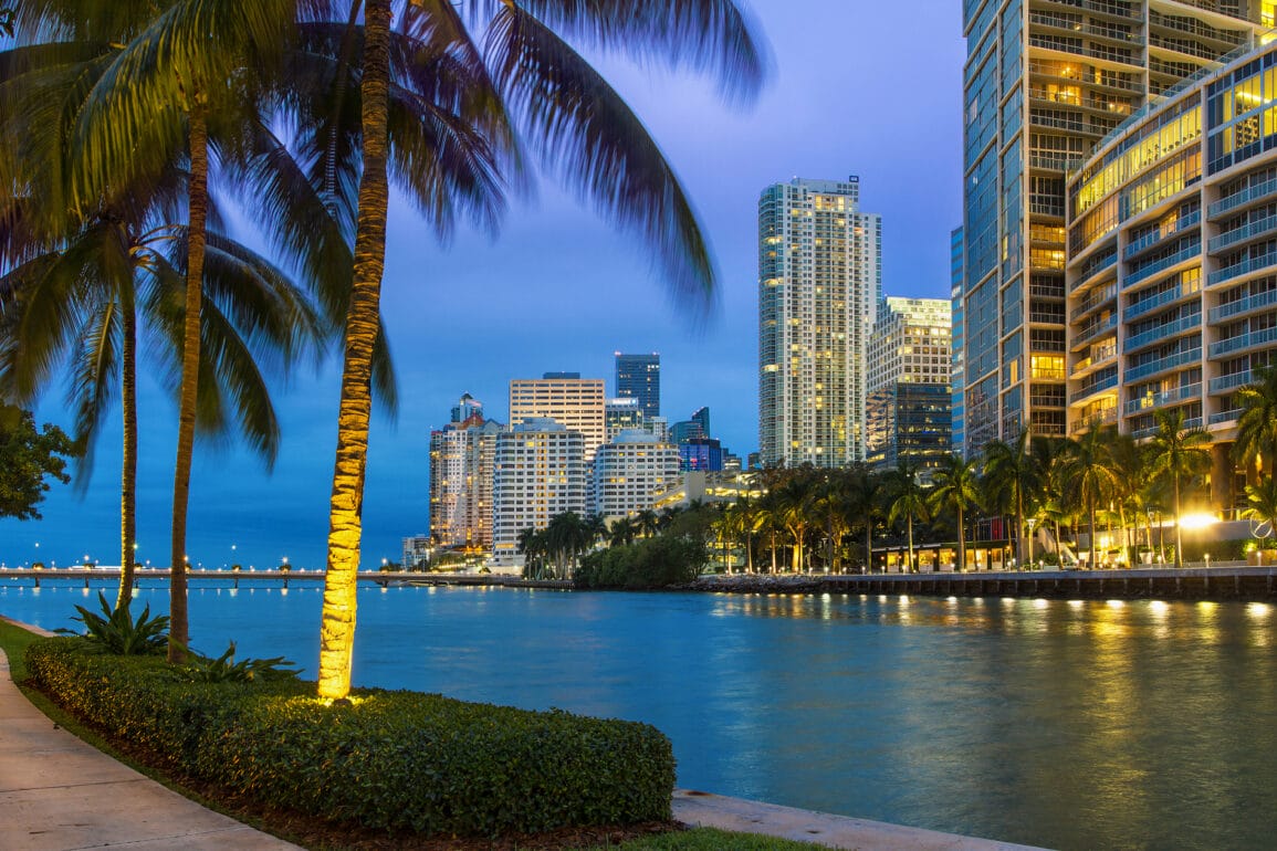 Illuminated Miami, Downtown District at dusk.